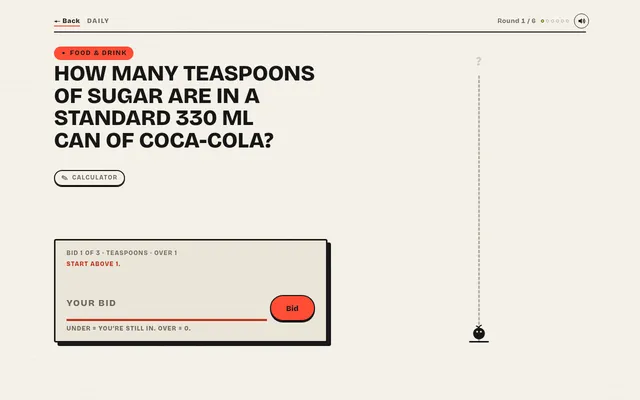 Overbid Daily, round 1 of 6, Food and Drink: how many teaspoons of sugar are in a 330 ml can of Coca-Cola?, with bid 1 of 3, a bid box and the empty bid ladder