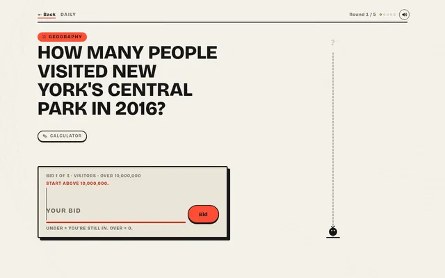 Overbid daily, round 1 of 5, Geography: how many people visited New York's Central Park in 2016?, bid 1 of 3 over a floor of 10,000,000, with the empty bid ladder