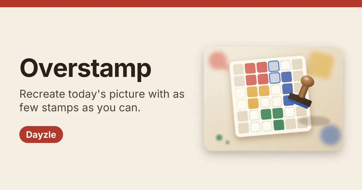 Overstamp card: the name, the rule Recreate today's picture with as few stamps as you can, and a wooden stamp over a grid of red, blue, yellow and green cells