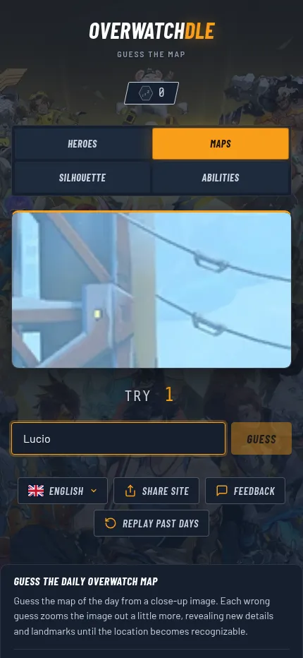 OverwatchDLE's Maps mode at phone size on 29 October 2026: a tight close-up of the day's map with the guess box below