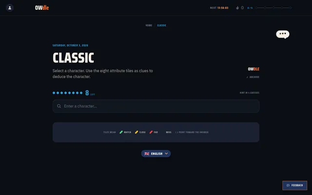 OWdle Classic mode for Saturday, October 3, 2026: eight guesses left, a character search box and a key to the match, close and far tile colours