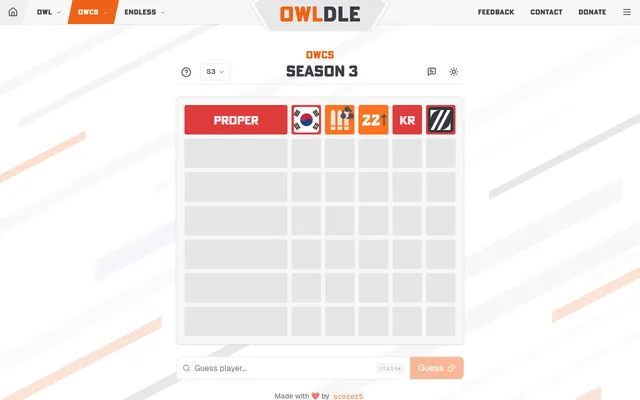 The Owldle OWCS Season 3 board after a first guess, Proper, with flag, role, age 22 with an up arrow, KR region and team logo clues