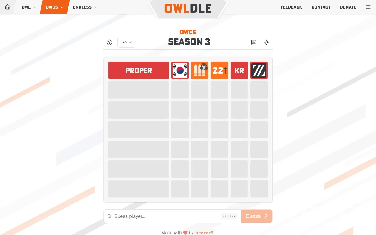 The Owldle OWCS Season 3 board after a first guess, Proper, with flag, role, age 22 with an up arrow, KR region and team logo clues