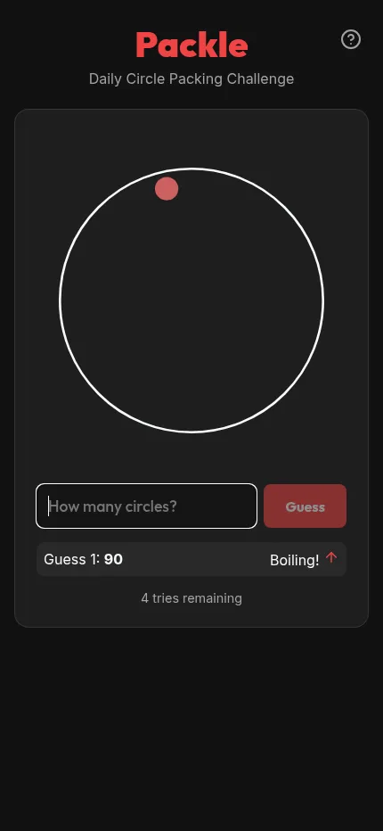 Packle on a phone: today's circle container with its red scale circle, a first guess of 90 marked Boiling and 4 tries remaining