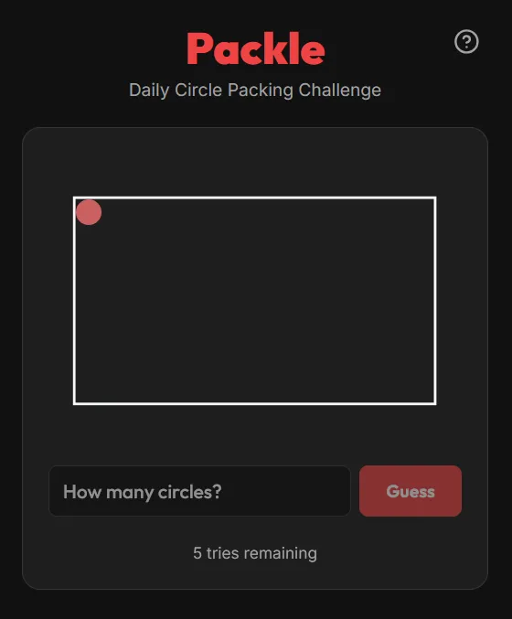 Packle screen: a rectangle with one red scale circle in the corner, a How many circles box and 5 tries remaining