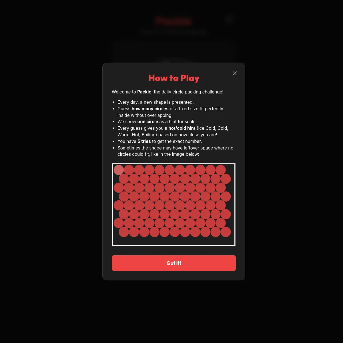 Packle How to Play card with the rules and an example rectangle packed with staggered red circles