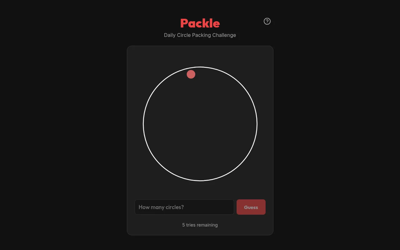 Packle board with a large white circle as the day's shape, one small red scale circle inside it, a guess box and 5 tries remaining