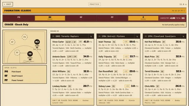 PACT FIVE draft round 3 of 5: three team cards (2002 Raptors, 1984 Pistons, 1994 Cavaliers) with player stat lines, a half court showing Jordan and Duncan placed, and the chemistry total
