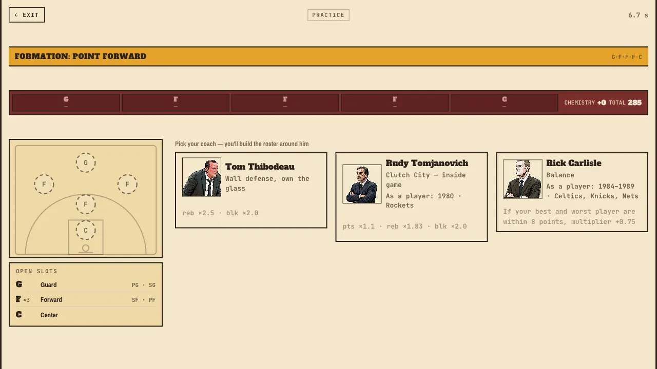 PACT FIVE coach choice: three coaches with different scoring weights, beside a Point Forward formation on a half court