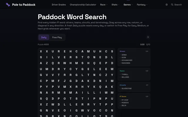 Paddock Word Search Daily puzzle #658 on 21 Oct 2026: a 13 by 13 letter grid beside its lists of F1 drivers, teams, circuits and terms