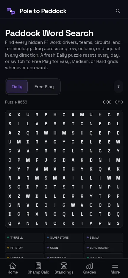 Paddock Word Search at phone size: Daily puzzle #658's letter grid with the ten F1 words listed below it