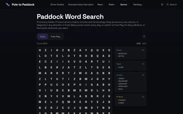 Paddock Word Search Daily puzzle #654: a letter grid beside its word lists of F1 drivers, teams, circuits and terms