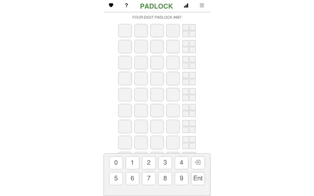 Four Digit PadLock #887: empty rows of four digit boxes with feedback squares beside each, above a 0 to 9 keypad