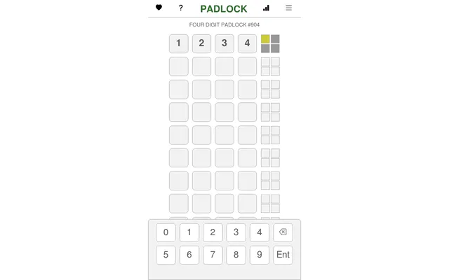 Four Digit PADLOCK #904 on desktop: the guess 1 2 3 4 with one yellow count square beside it, empty rows below and the 0 to 9 keypad
