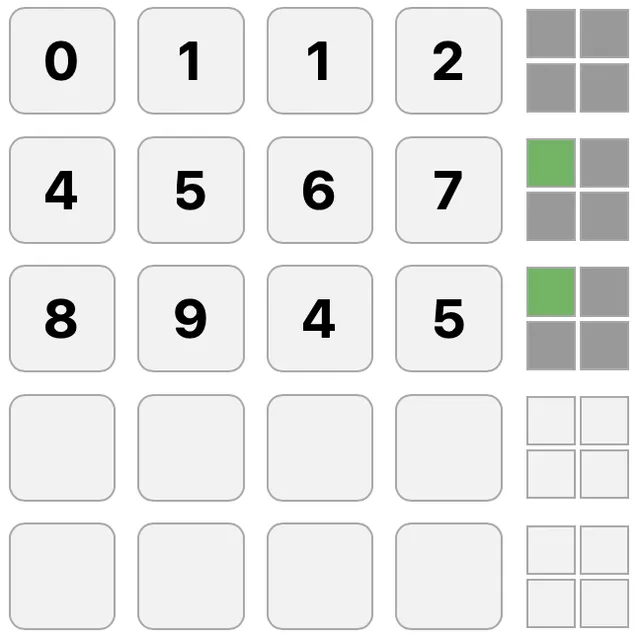 A PADLOCK board: three four-digit guesses, each with a block of grey and green squares showing how close it is