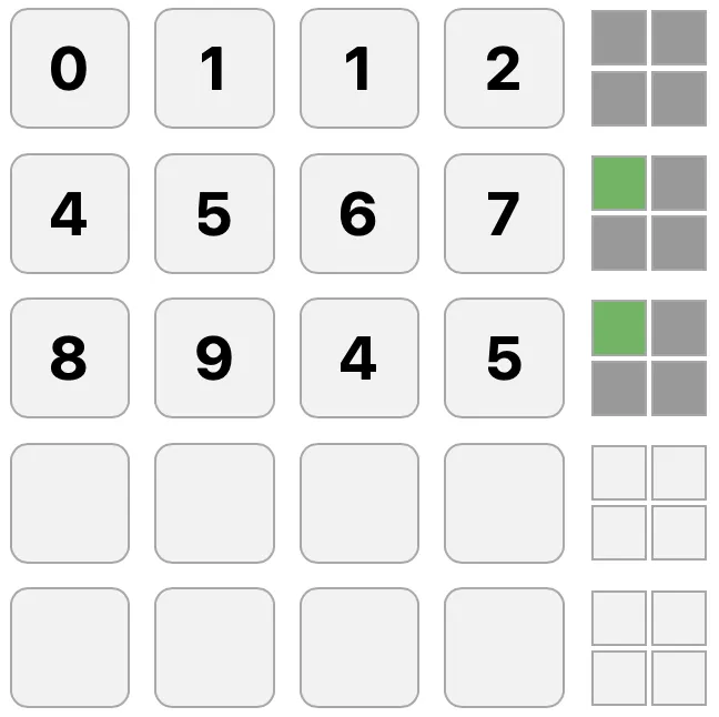 A PADLOCK board: three four-digit guesses, each with a block of grey and green squares showing how close it is