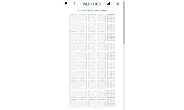 The Four Digit PadLock board: ten empty rows of four digit boxes, each with a small block of feedback squares beside it