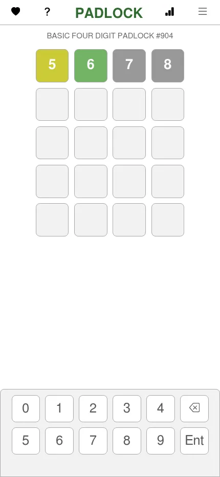 Basic Four Digit PADLOCK #904 on a phone: the guess 5 6 7 8 with 5 yellow, 6 green and 7 and 8 grey, above the keypad