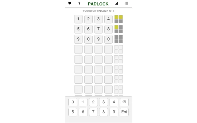 Four Digit PADLOCK #911 on desktop: guesses 1234, 5678 and 9090, each with a block of yellow and grey count squares beside it, above the 0 to 9 keypad