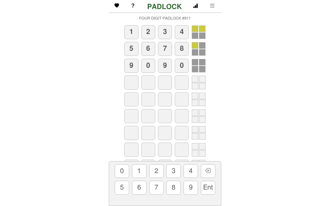 Four Digit PADLOCK #911 on desktop: guesses 1234, 5678 and 9090, each with a block of yellow and grey count squares beside it, above the 0 to 9 keypad