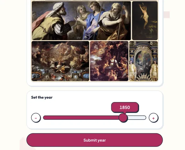 A Paintiquity round: a gallery of religious paintings and an altarpiece from one year, above the Set the year slider and its Submit year button
