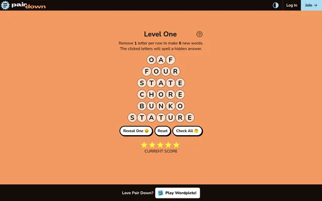 Pair Down Easy board for 21 October 2026, Level One: six rows OAF, FOUR, STATE, CHORE, BUNKO, STATURE in letter bubbles, with Reveal One, Reset and Check All