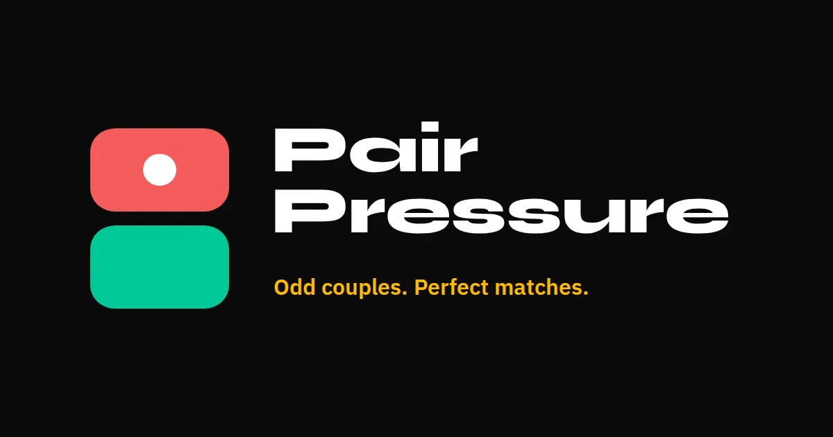 Pair Pressure's own logo card: a red and a green tile with the words Odd couples. Perfect matches.