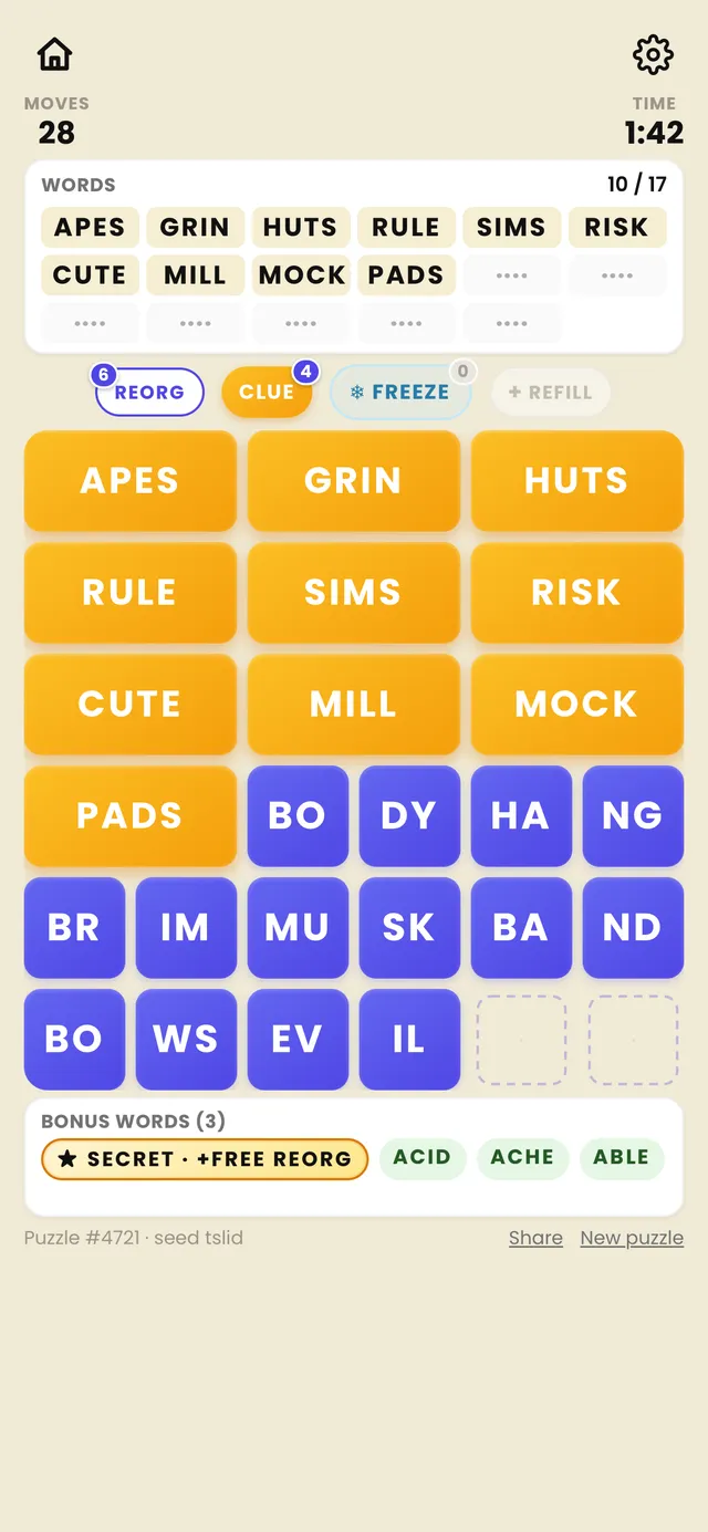 A Pairdle Slide board mid-game: ten of 17 words found (APES, GRIN, HUTS, RULE and others) as orange word tiles, blue two-letter tiles left to slide, and Reorg, Clue and Freeze buttons
