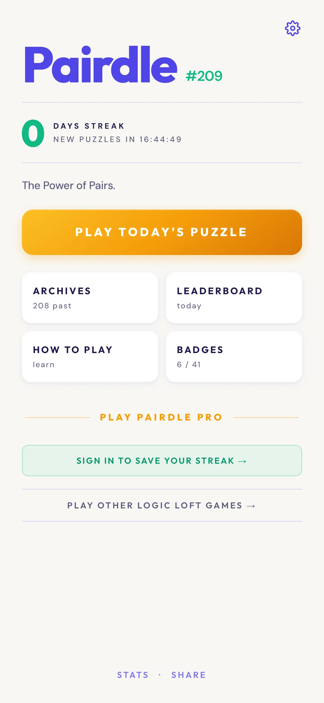 The Pairdle home screen for puzzle #209 with streak, countdown to new puzzles, Play Today's Puzzle, archives, leaderboard and badges