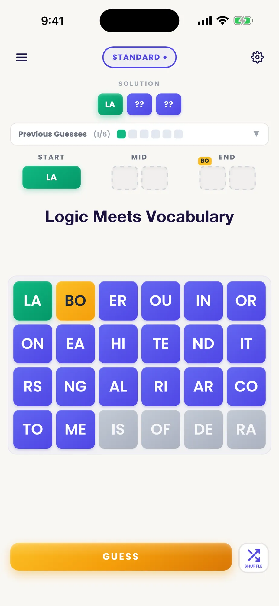 Pairdle App Store screenshot mid-game: LA placed in the Start slot, BO in Mid, guess 1 of 6, above a board of 24 two-letter tiles