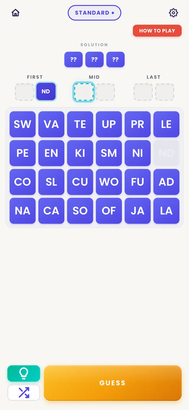 A Pairdle puzzle in progress: three hidden pairs above First, Mid and Last slots, the pair ND placed in the first slot, and a board of 24 two-letter tiles