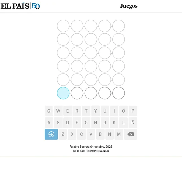 El País Palabra Secreta board for 4 October 2026: six empty rows of five letter circles above a Spanish keyboard with Ñ
