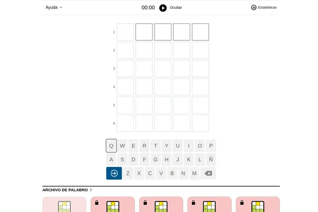 The empty Palabro board: six rows of five letter squares above a Spanish keyboard with Ñ, and the archive of past days below