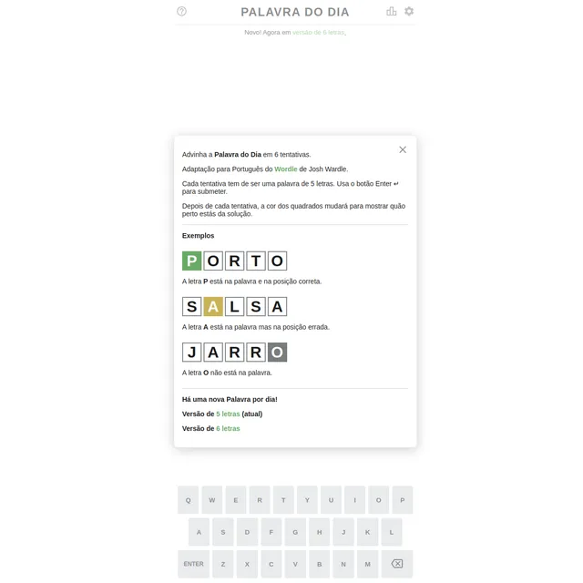 Palavra do Dia with its Portuguese instructions showing PORTO, SALSA and JARRO as colour examples, and the on-screen keyboard