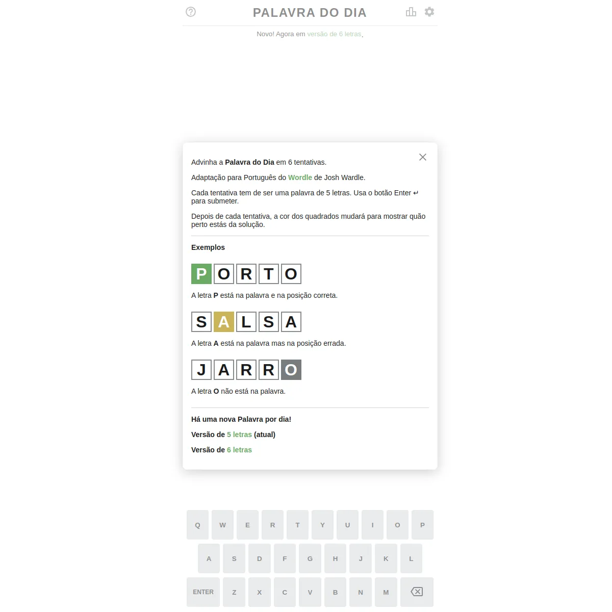 Palavra do Dia with its Portuguese instructions showing PORTO, SALSA and JARRO as colour examples, and the on-screen keyboard