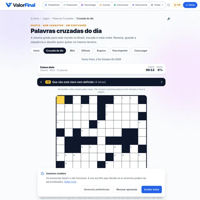 ValorFinal Palavras cruzadas do dia for Friday 2 October 2026, grid 'Coisas úteis' with the clue bar and a crossword grid