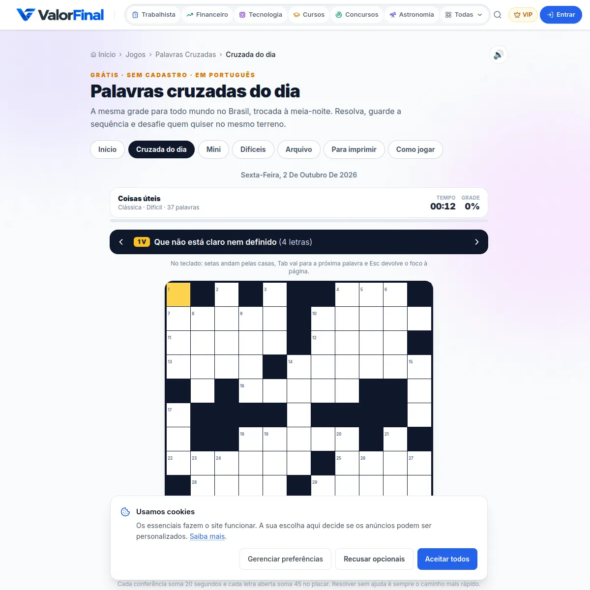 ValorFinal Palavras cruzadas do dia for Friday 2 October 2026, grid 'Coisas úteis' with the clue bar and a crossword grid