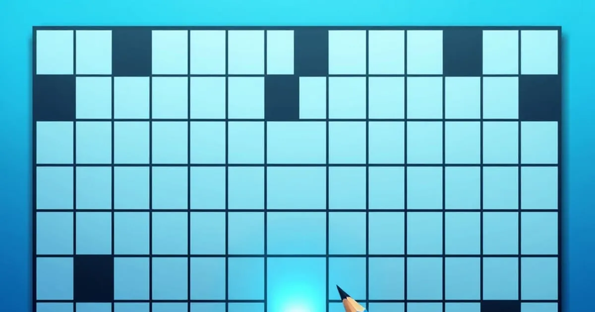 Illustration of a blue crossword grid with a pencil, the share image for Palavras Cruzadas do Dia