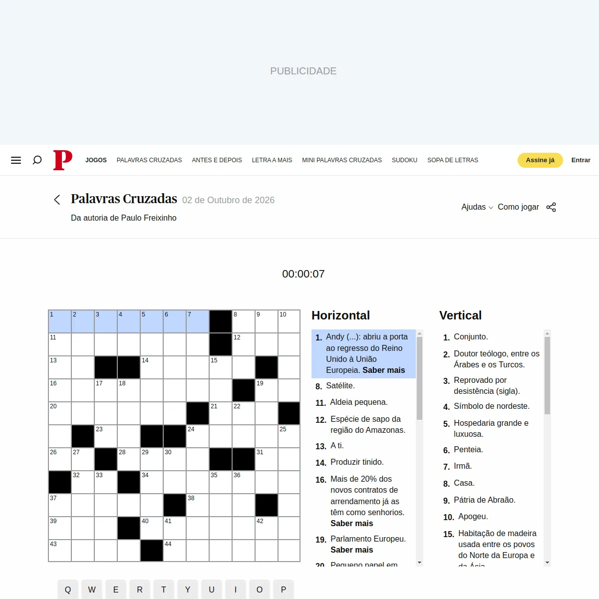 Público Palavras Cruzadas for 2 October 2026 by Paulo Freixinho: the grid with a timer and the Horizontal and Vertical clue lists