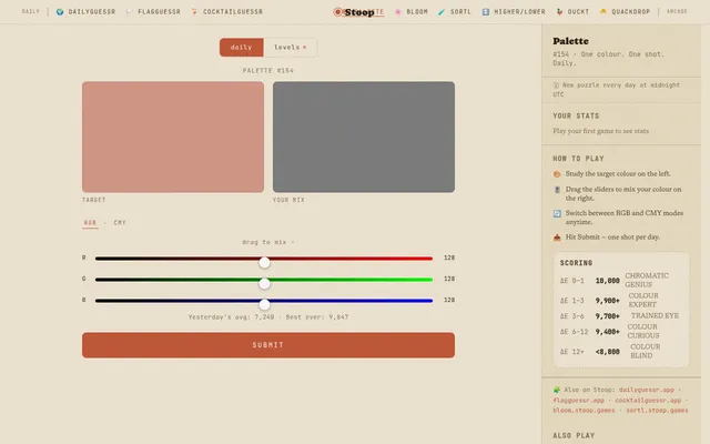 Palette #154 daily board: a dusty pink target beside the player's grey mix, red, green and blue sliders at 128 with an RGB/CMY switch and Submit, and the how-to-play and Delta-E scoring panel.