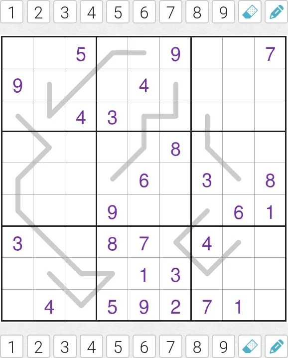 Today's Medium Palindrome Line Sudoku on PuzzleMadness for 3 October 2026: a 9x9 grid with long grey lines and purple given digits, between rows of number buttons