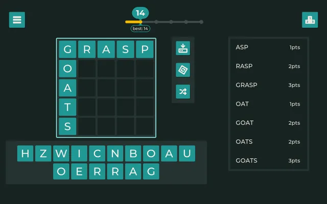 Palingrid on 29 October 2026: GRASP across and GOATS down on the 5x5 grid, 14 points, the scored words listed on the right and the rest of the day's tiles below
