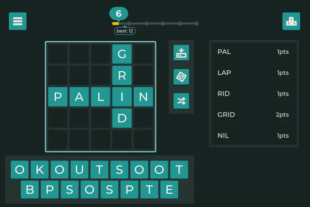 Palingrid game screen: PALIN across and GRID down on a 5x5 grid, a tray of letter tiles below, a milestone bar at 6 points with best 12, and the words PAL, LAP, RID, GRID and NIL scored