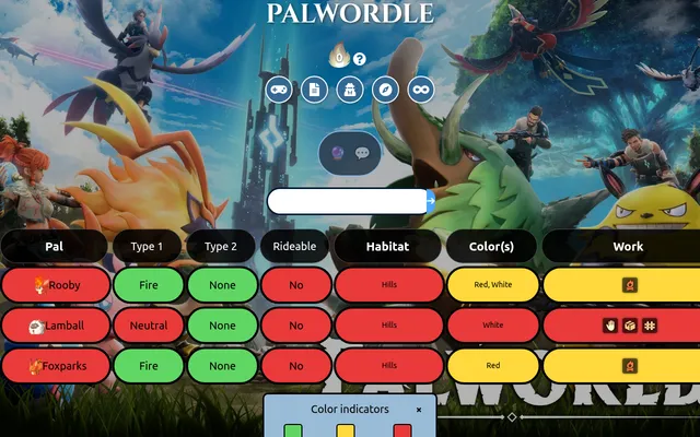 Today's Palwordle Classic board: three guesses (Rooby, Lamball, Foxparks) marked green, yellow or red for type, rideable, habitat, colours and work