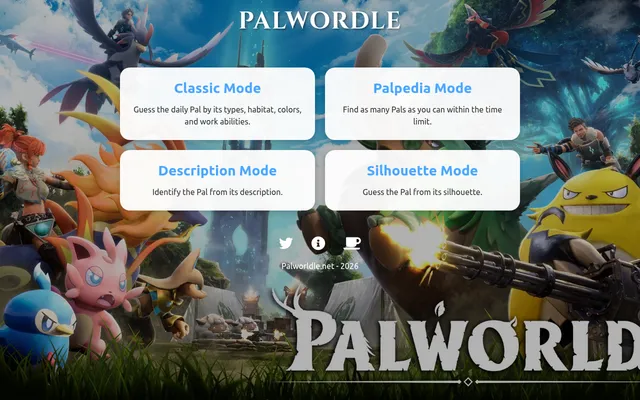 Palwordle mode screen over Palworld art: Classic Mode (guess the daily Pal by types, habitat, colours and work abilities), Palpedia, Description and Silhouette modes