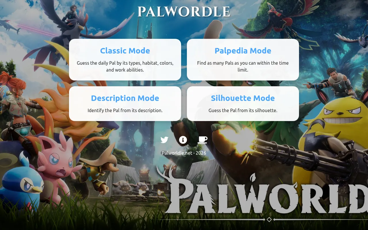 Palwordle mode screen over Palworld art: Classic Mode (guess the daily Pal by types, habitat, colours and work abilities), Palpedia, Description and Silhouette modes
