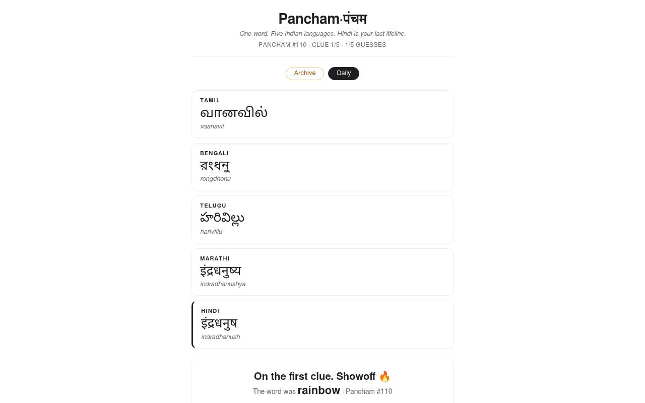 Pancham #110 solved on the first clue: the word rainbow in Tamil, Bengali, Telugu, Marathi and Hindi