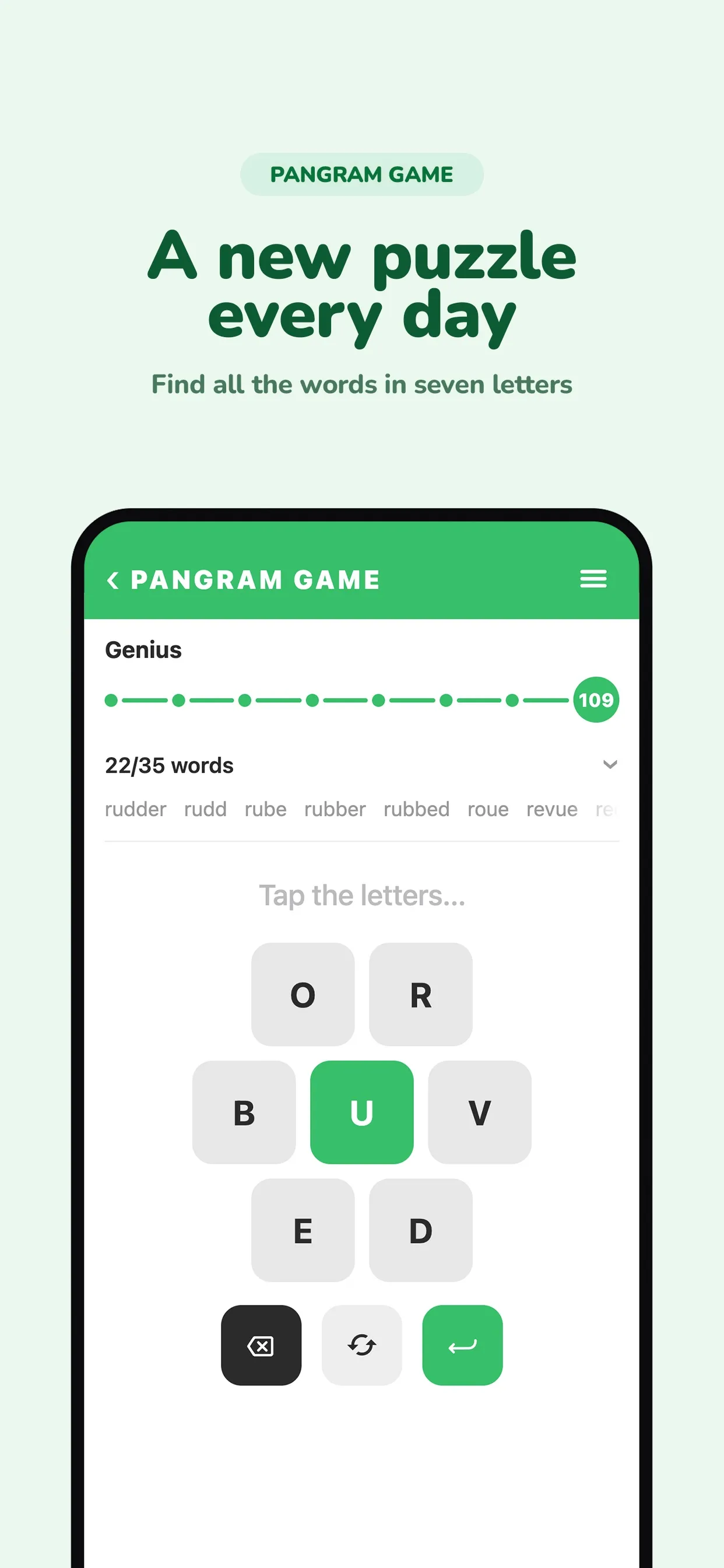 Pangram Game board with the letters O, R, B, V, E, D around a green U, the Genius rank reached at 109 points and 22 of 35 words found