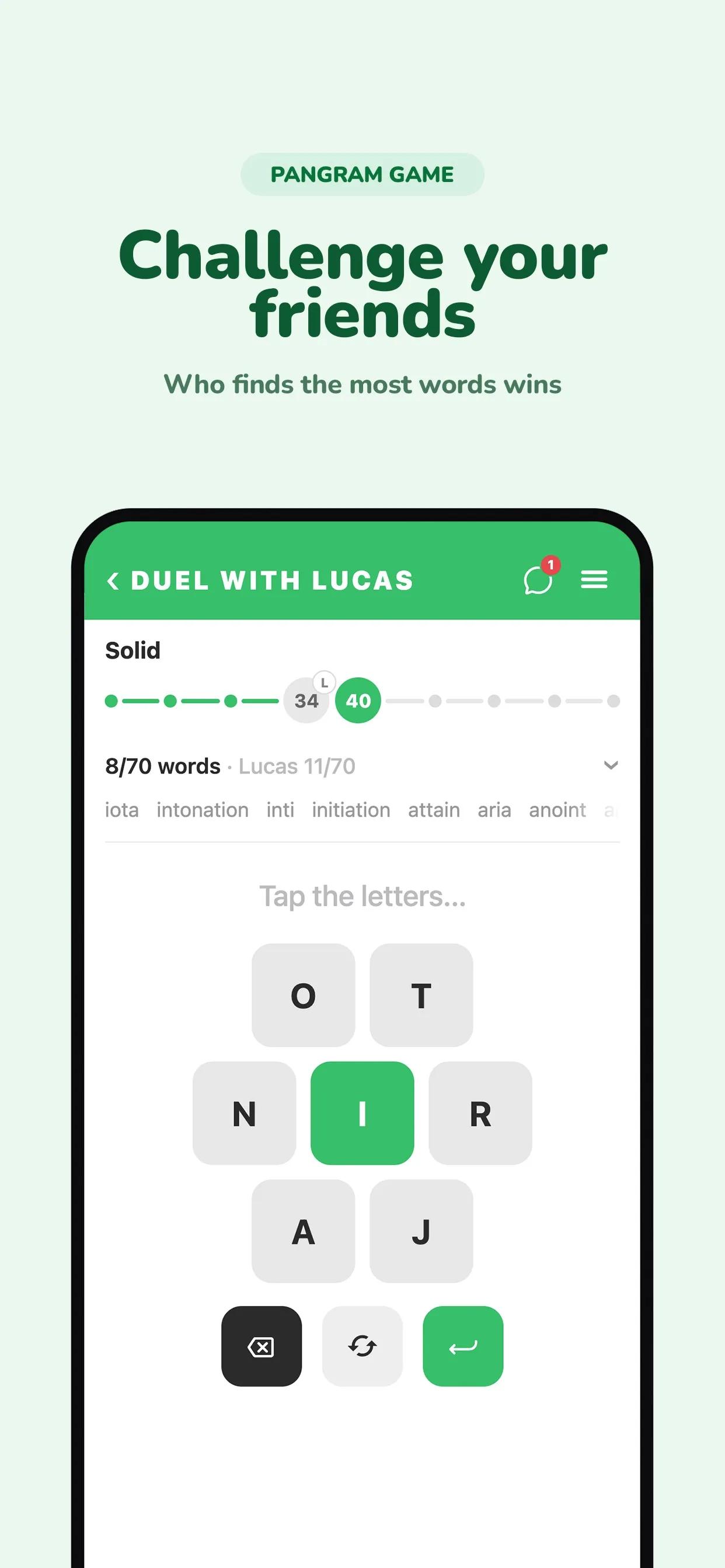 Pangram Game duel with Lucas, showing both scores on the rank bar and a green I as the centre letter