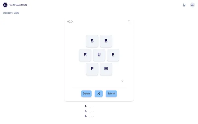 Pangramathon for October 6, 2026: seven letter tiles S, B, R, U, E, P and M in a honeycomb pattern, a running clock, Delete, Shuffle and Submit buttons and three blank pangram lines